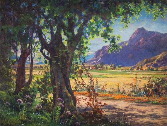 California landscape with farmland and mountains in the background by Clarkson Dye