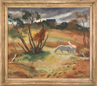 A pastoral landscape featuring two white horses grazing in a field under a dramatic sky.