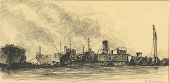 Harbour scene, Military interest - Ronald Brimmell