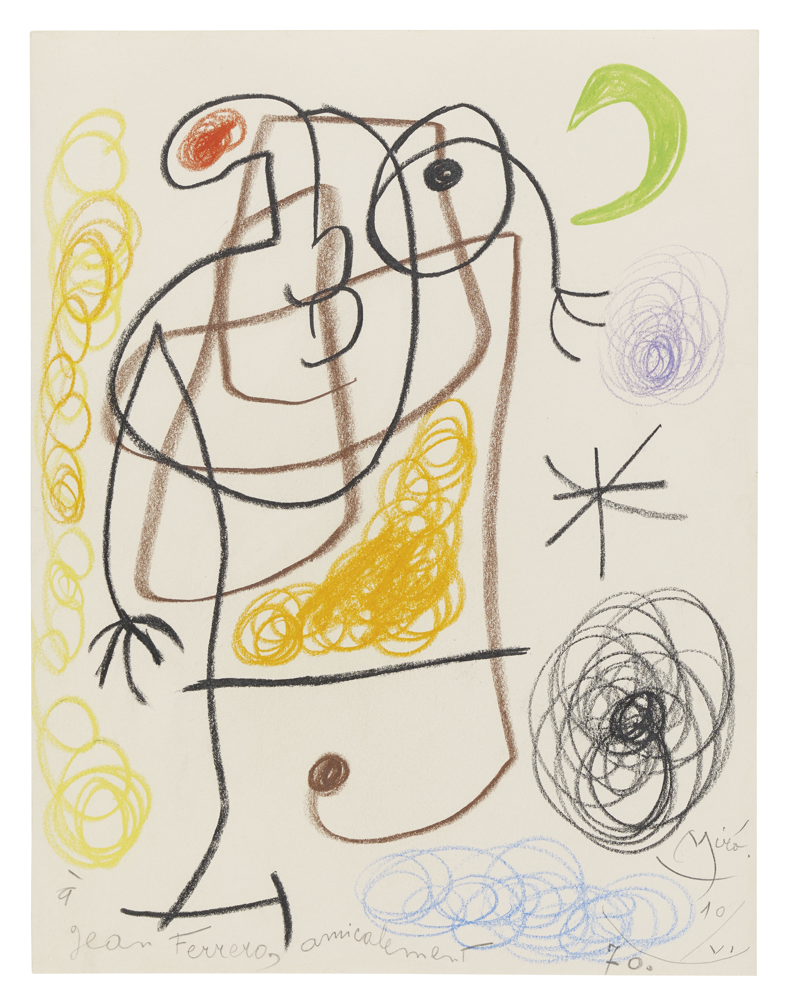 Joan Miró  Dessin original signé au crayon gras, avec envoi., sur