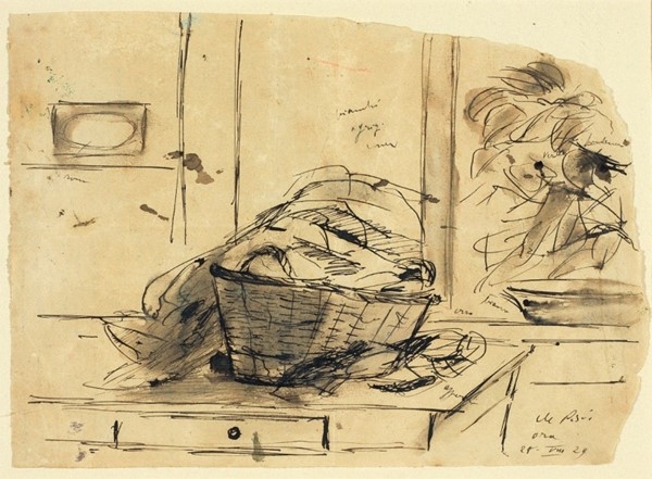 Artwork by Filippo de Pisis, NATURA MORTA CON CESTO, Made of inkon paper