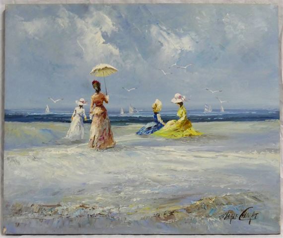 Marie Charlot | An Impressionist beach scene with figures, seagulls and ...