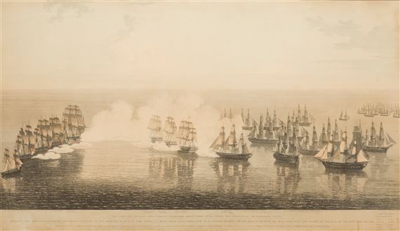 "The Fleet of the East India Company, homeward bound from China, under the command of Sir Nathaniel Dance, engaging and repulsing a French squadron, consisting of the Marengo of 84 guns Adml. Linois, La Belle Poule 44, La Semillante 36, La Pensoe 20, and a Dutch Brig of 18 guns off Pulo Auro, near the Straits of Malacca, on XVth " by William Daniell, February, 1804