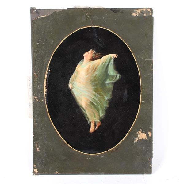 Artwork by Giovanni Patrone, Renaissance Revival allegorical semi nude figure of a woman in a diaphanous gown against black ground, Made of oil on paper, oval format