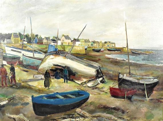 Figures beside moored boats by Louis Vuillermoz