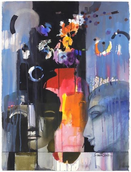 A vibrant watercolor portrait featuring two stylized faces and a central floral arrangement.