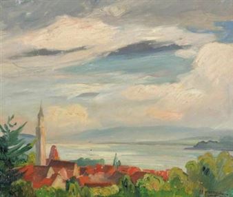 Kleines Dorf mit Seeblick - Friedrich August Herkendell