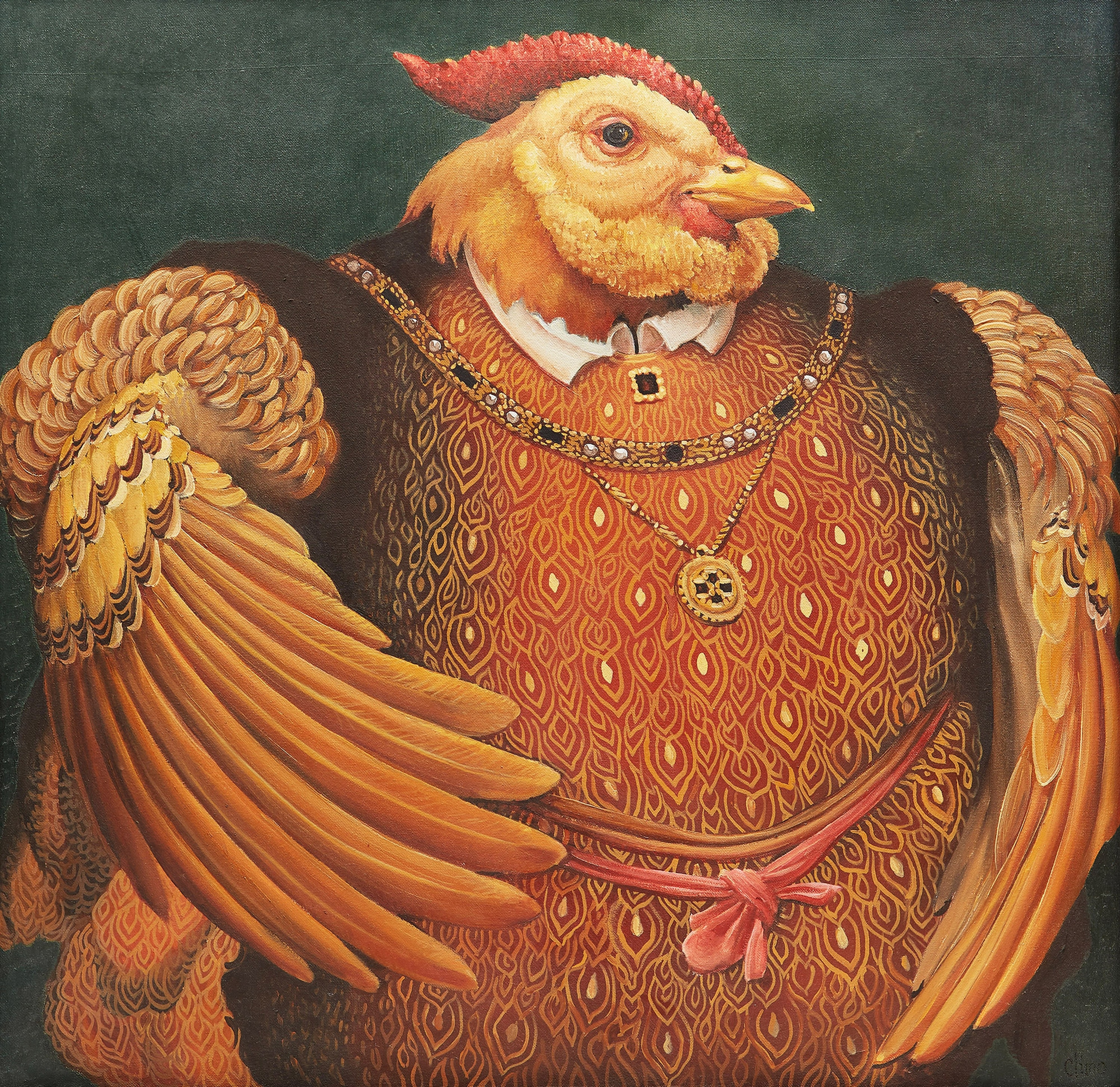 Artwork by Lindee Climo, Muffed Rooster as Henry the VIII (after Holbien), Made of oil on canvas