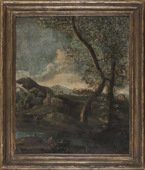 Paesaggio laziale con pescatori by Roman School, 19th Century