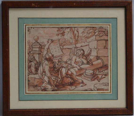 ALLÉGORIE DE L'ARCHITECTURE ACCOMPAGNÉE DU TEMPS ET DE LA RENOMMÉE by German School, 18th Century, 18th century