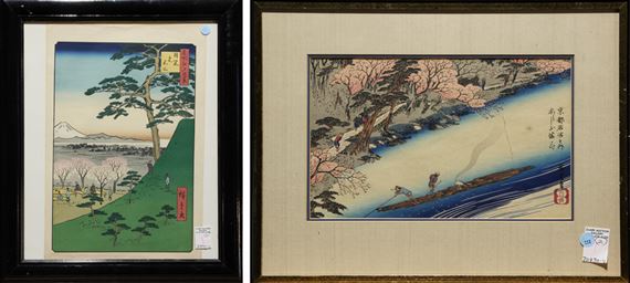 Artwork by Utagawa Hiroshige, " Cherry Blossoms in Arashiyama" from the "Famous Places in Kyoto" series; "Mt. Fuji in Meguro" from the "One Hundred Famous Places in Edo" series, Made of print