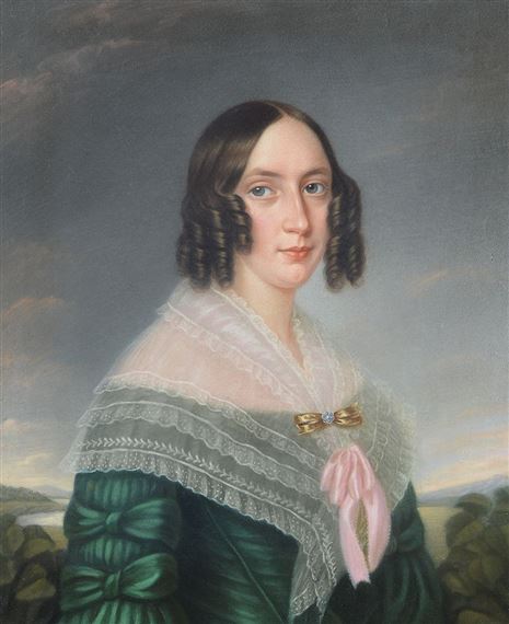 Biedermeier School | Portrait of a woman in green dress with white lace  collar in front of landscape | MutualArt