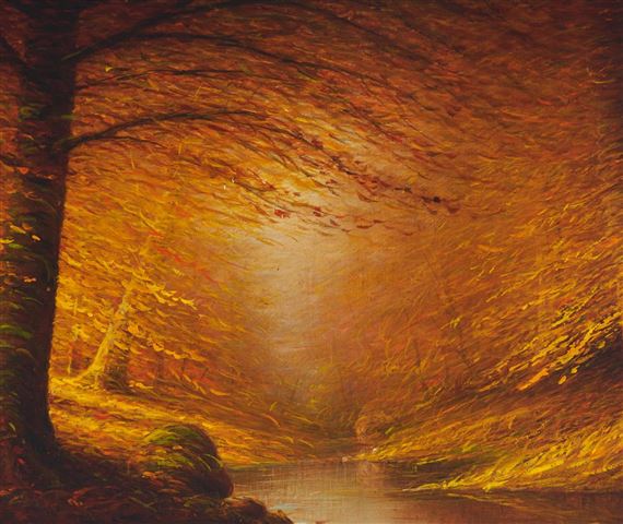 Autumn landscape depicting a stand of trees in a forest with a stream running through the center and rays of sunlight beaming in from the left by Harvey Joiner