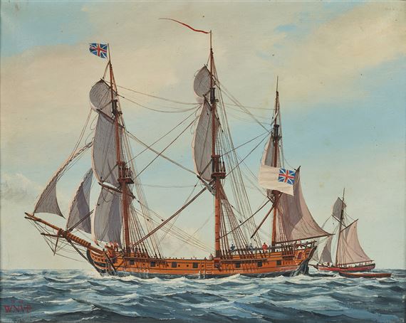 A maritime scene featuring a large sailing ship with multiple masts navigating choppy blue waters under a pale sky.
