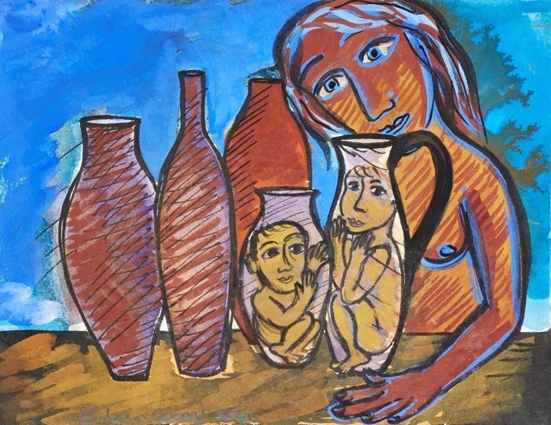 Artwork by Eileen Cooper, Boy in the Bottle, Made of gouache on paper