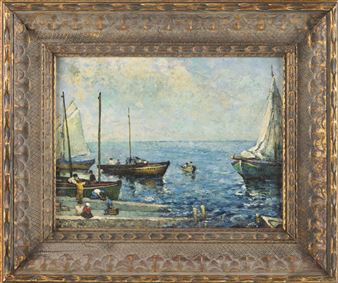 Impressionist-style painting of a harbor scene with figures - T. Bush