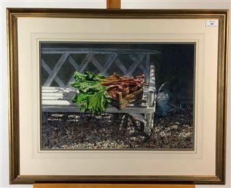 Two works: Rhubarb on a Bench and Garden Themed Painting - Neil Faulkner