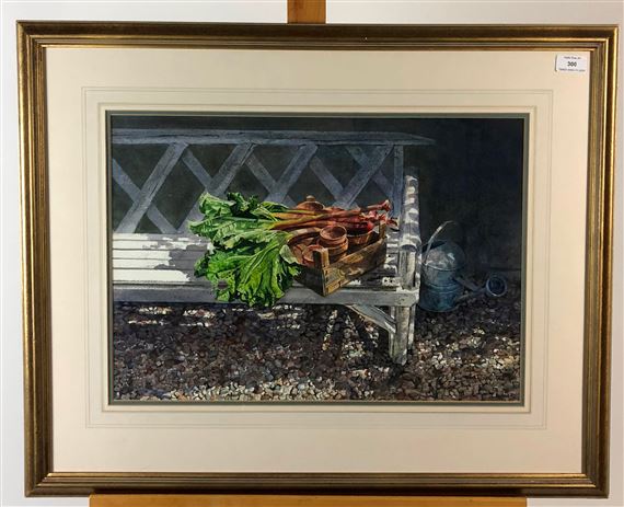 Two works: Rhubarb on a Bench and Garden Themed Painting by Neil Faulkner