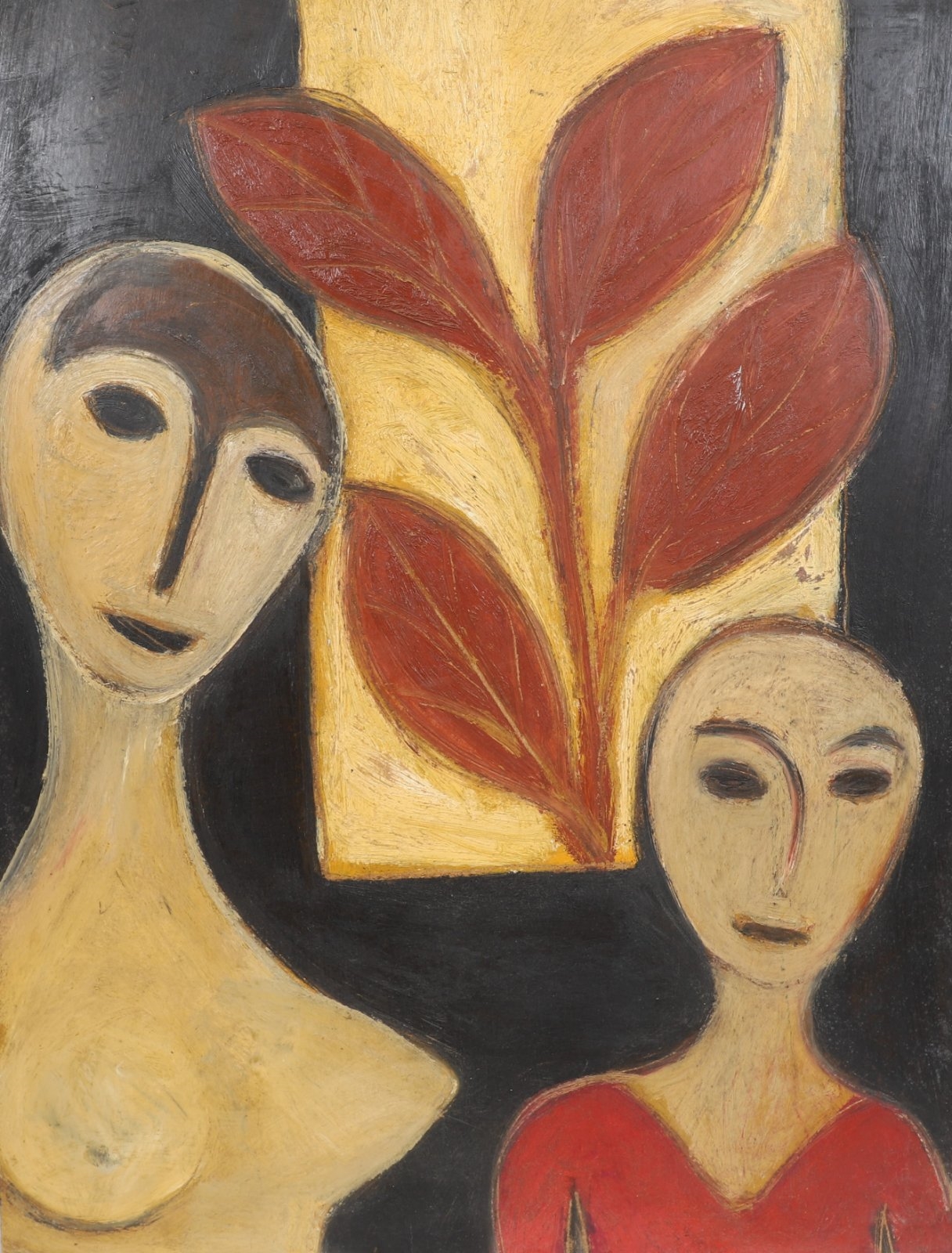 Artwork by Je Bus, WOMEN WITH RED LEAVES, Made of Oil on isorel