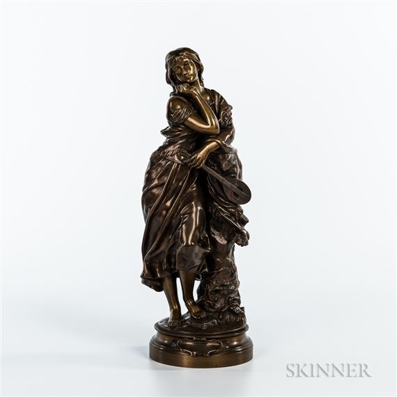 Bronze Figure of a Maiden with a Lute by Adrien Etienne Gaudez