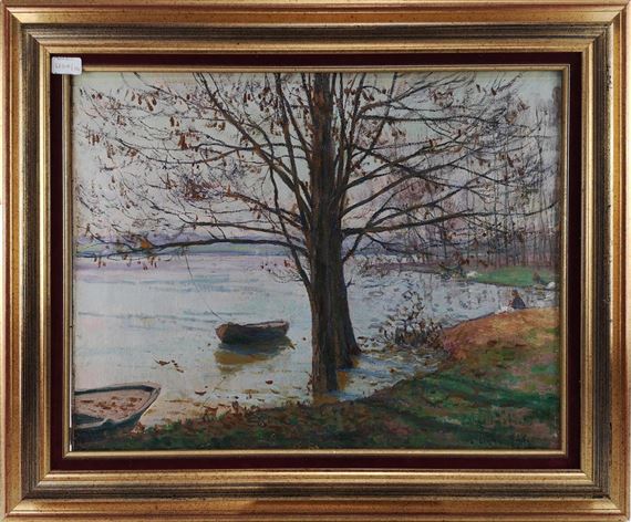 Barques et lavandières au bord de rivière by Léon Giran-Max