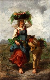 Mère et son enfant aux paniers de fruits et fleurs - Amédée Guerard