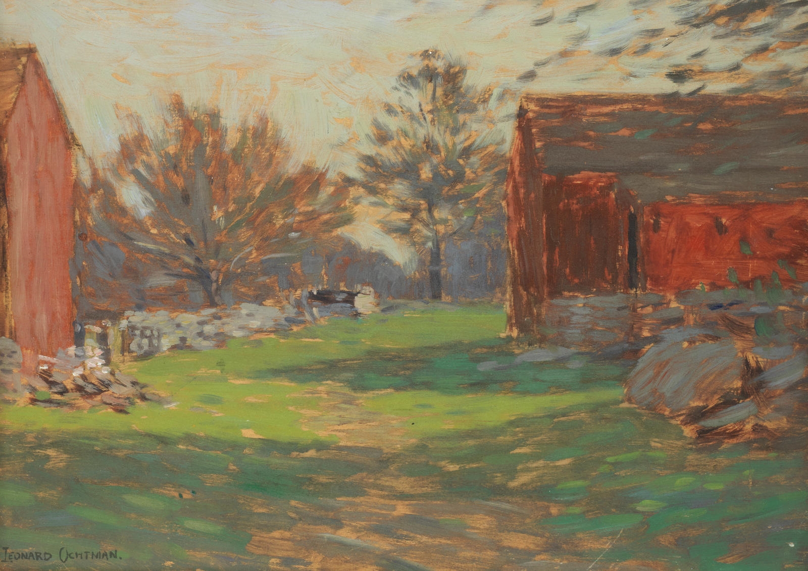Artwork by Leonard Ochtman, The red barn, Made of oil on board