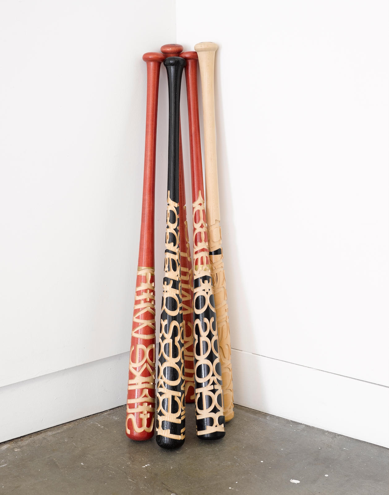 Artwork by Brian Jungen, Talking Sticks, Made of five carved baseball bats