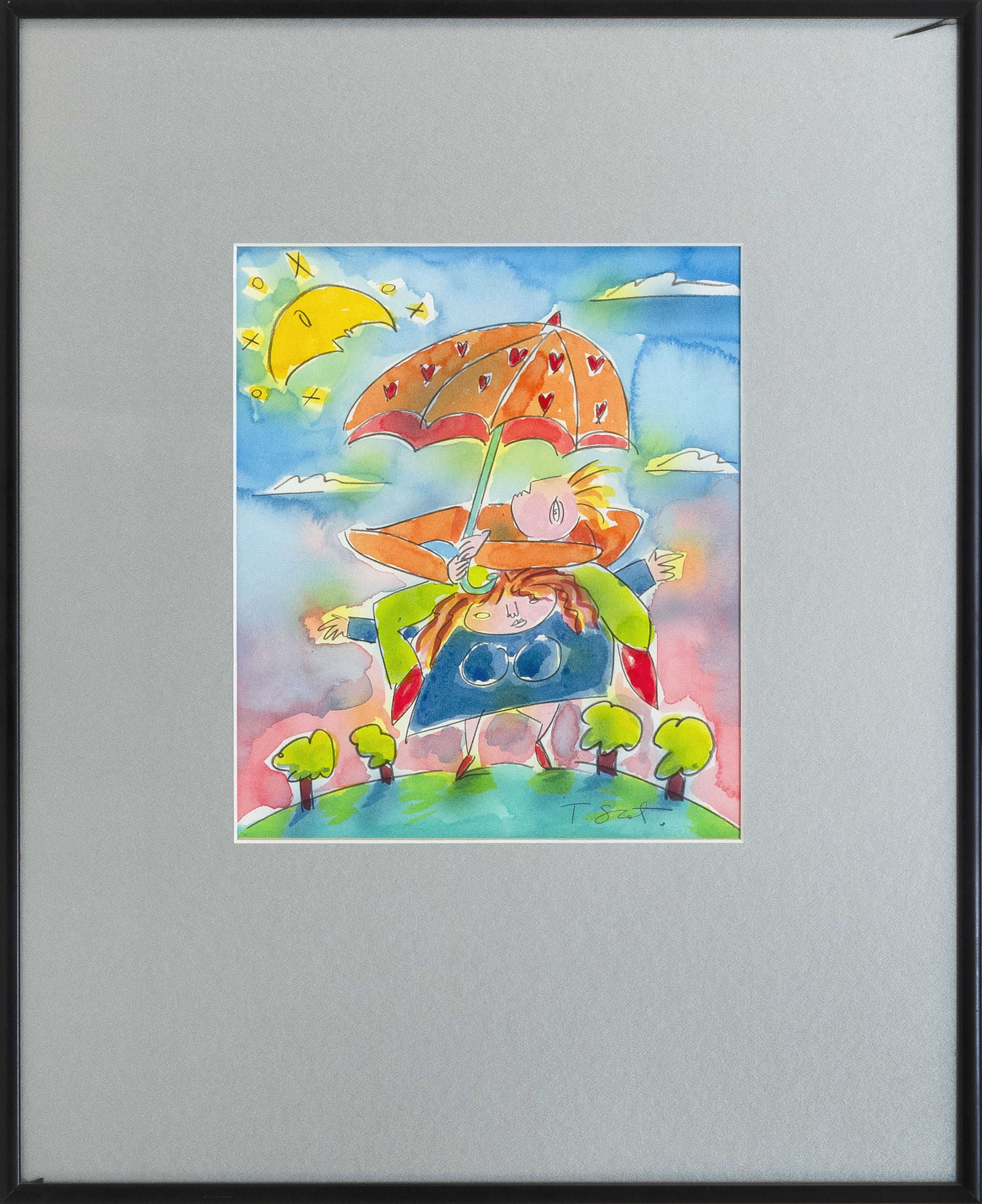 Artwork by T. Scot Halpin, Piggyback ride under an umbrella, Made of Watercolor on paper