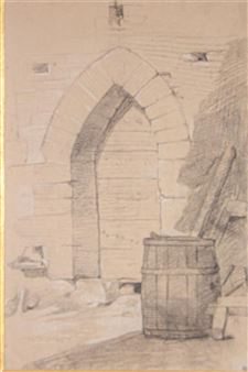 Tonneau près d'une porte d'entrée en pierre de taille - Théodore Ravanat