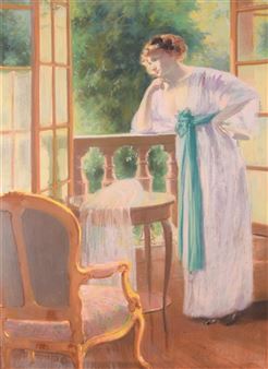 Femme rêvant à la balustrade vue de son salon - V. Durand