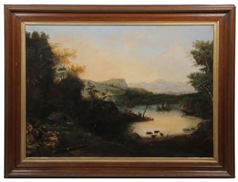Upstate New York Mountain Landscape with Cabin, Cows and Man Fishing Lakeside - A. L. P. Skilling