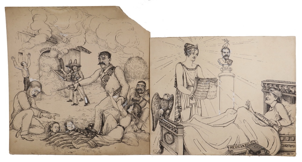 Artwork by John Worthington Mansfield, Two Works: Newspaper Political Cartoons regarding Pancho Villa and the 'Mexican Incursion' by Blackjack Pershing in 1914, Made of India ink on illustration board