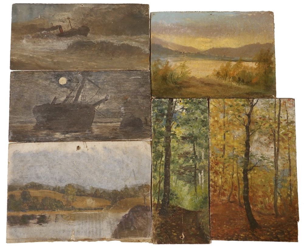Artwork by John Worthington Mansfield, Twelve Works: Medium Sized Studies of Seascapes, Landscapes, two Shipwrecks, a Horse, Woodlands and Flowers, Made of on wooden panel or academy board