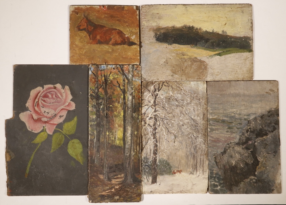 Artwork by John Worthington Mansfield, Twelve Works: Medium Sized Studies of Seascapes, Landscapes, two Shipwrecks, a Horse, Woodlands and Flowers, Made of on wooden panel or academy board