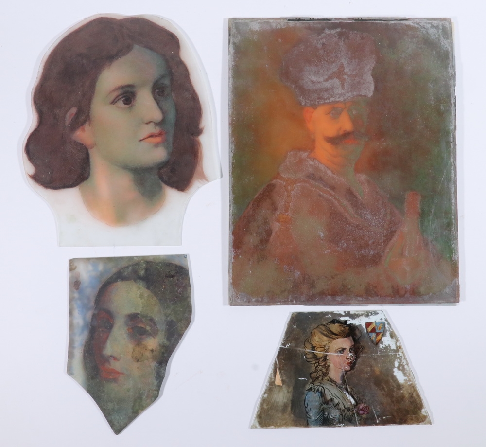 Artwork by John Worthington Mansfield, Four Works: Portraits, Made of backpainted on glass in oils, two with India ink cartooning
