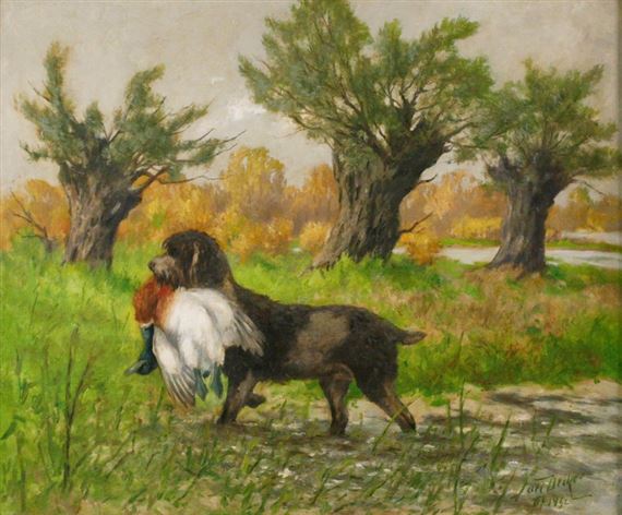 Jagdhund mit Erpel by Carl Deiker