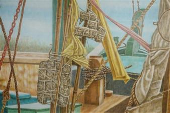 A detailed nautical scene featuring ropes, chains, and a yellow cloth against a bright sky.