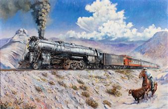 Western United States "Santa Fe" railroad scene with cowboy on horseback alongside the train - Paul S. Gribble