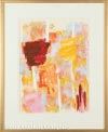 An abstract composition of warm-toned, textured blocks on a white background.