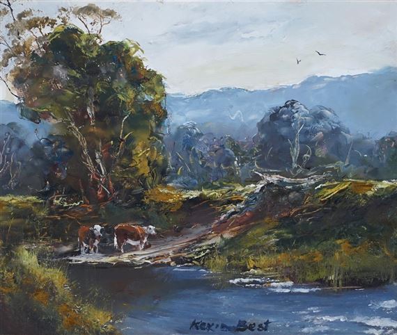 Cows Grazing by the River by Kevin John Best