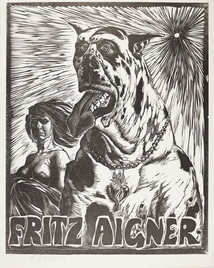Doberman and girl by Fritz Aigner, 1969