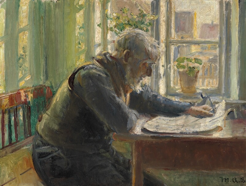 Interior with a man reading the newspaper by Michael Peter Ancher, 1918