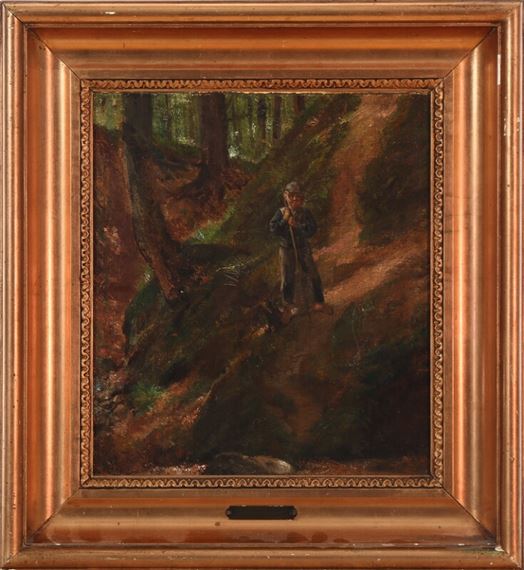 From a forest with a boy resting on a path by Jørgen Roed