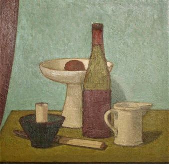 Stilleven met wijnfles en mes - Hans Vogelpoel