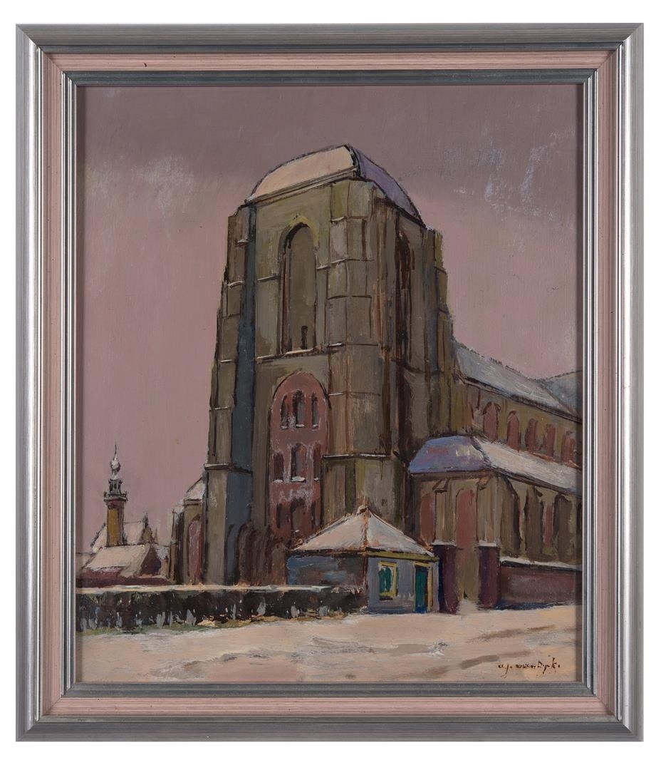 'De Grote Kerk van Veere in de winter', gesigneerd r.o., paneel. by Alphonsus Josephus van Dijk