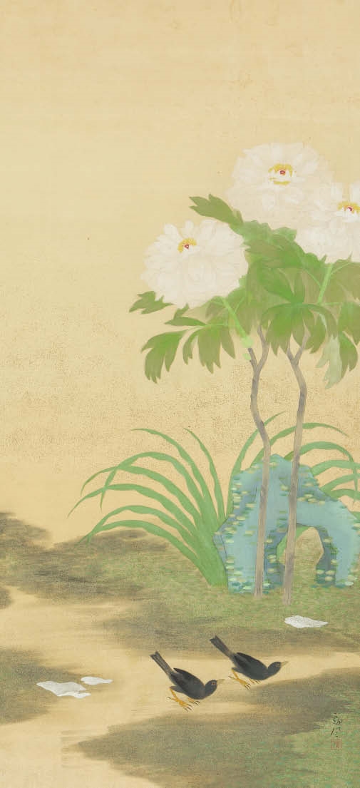 Artwork by Rofu Ochiai, Peony Birds, Made of ink and color on silk
