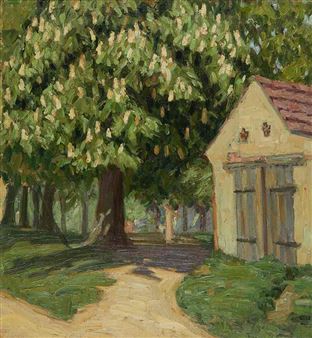 A rustic cottage nestled beside a blossoming tree on a sunlit path.