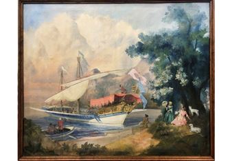 Idyllic View with Royal Barge and Shepherdesses with other Figures - Michel Pellaton