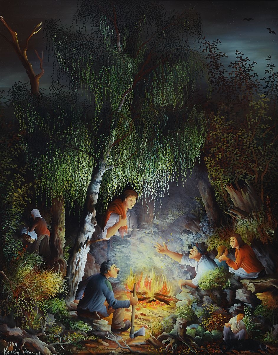 Artwork by Konrad Peternelj, Two Works: Around the Two Works: campfire; Resting peasants at a birch, Made of glasspaintings